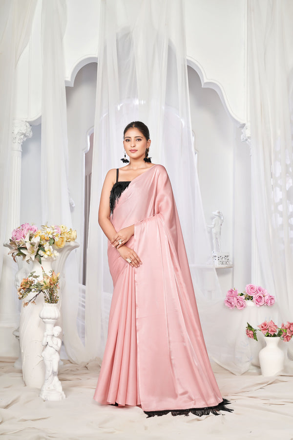 Pink Saree having Black Lace with beads
